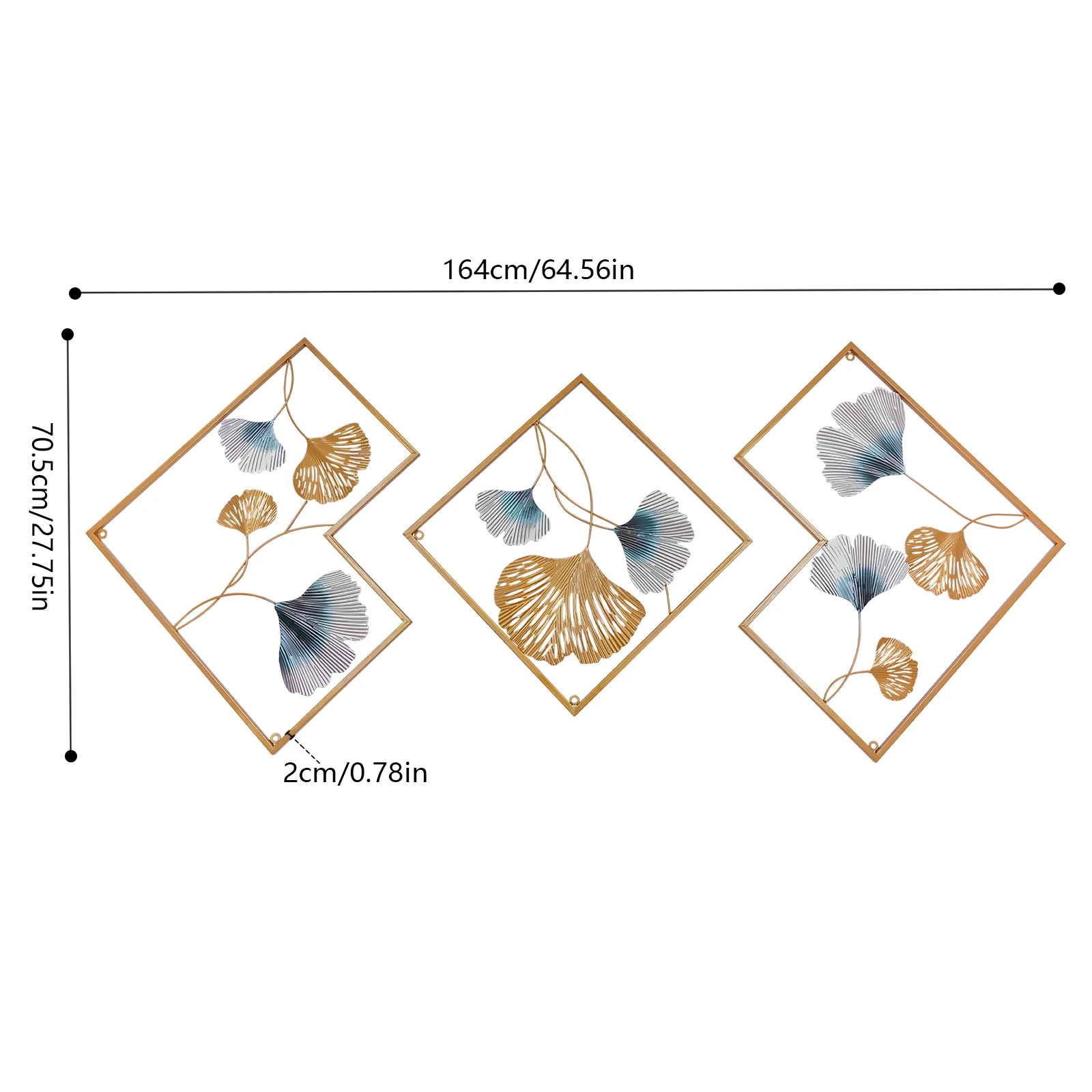 3 uds 164X70,5 cm arte de pared de Metal escultura colgante decoración 3D Ginkgo oro y azul