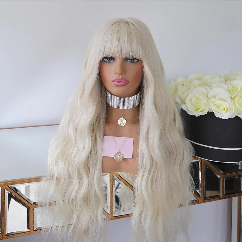Platinum blonde Long Wavy Heat Resistant Hair Costume Wig With Bangs