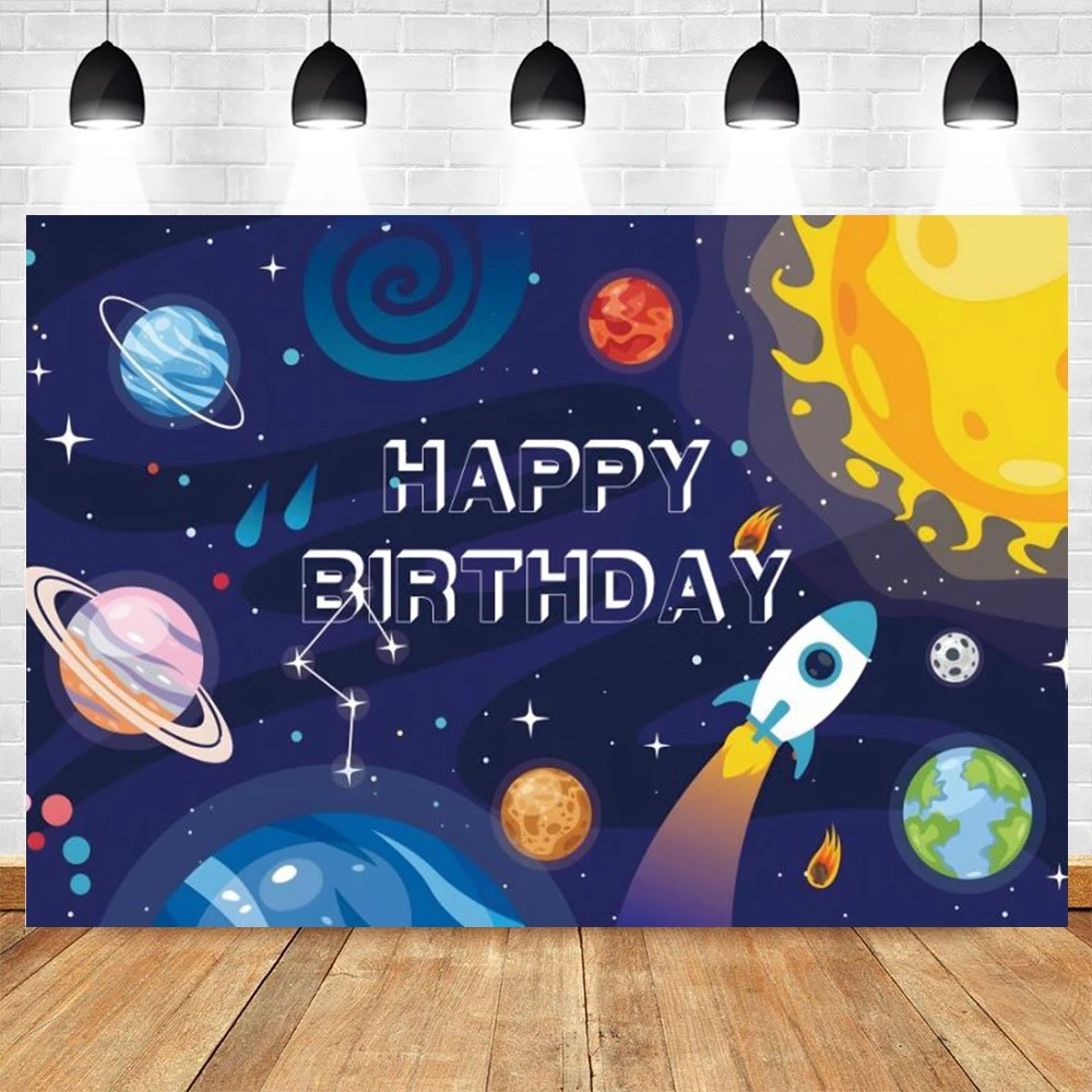 Cartoon Space Universe Planet Theme Happy Birthday Background Cloth Party Decoration Banner Boy\'s Gift Photography Background