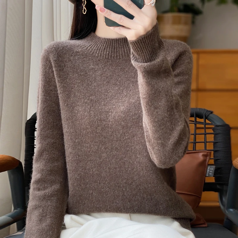 Thickened Women\'s 100% Merino Wool Semi-high Neck Pullover Warm Sweater In Autumn and Winter Women\'s Long-sleeved Knit Top
