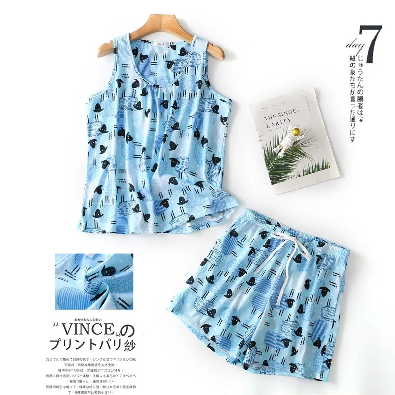 Fdfklak Cartoon Cute Pajamas Women's Summer Vest Shirt Shorts Set Cotton Casual Home Clothes New Pyjama Pour Femme Night Suit image 4