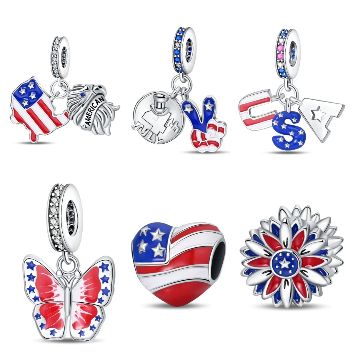 

New 100% 925 sterling silver style eagle flag independent day pendant beads suitable for original women's bracelets DIY jewelry