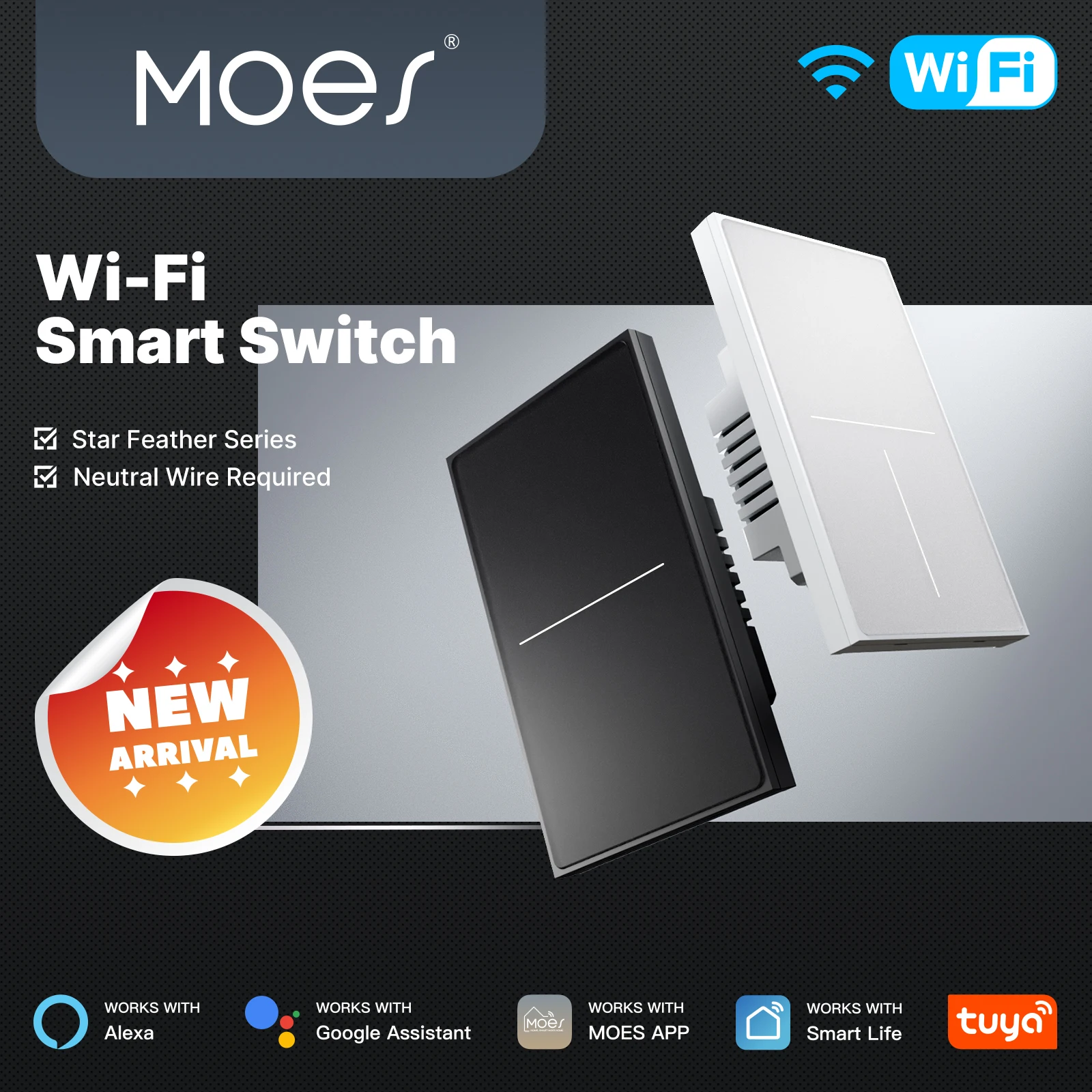MOES Tuya WiFi US Star Feather Switch Smart Air Touch AG Glass Backlight Light/Scene 2in1 With Neutral Support Alexa Google Home