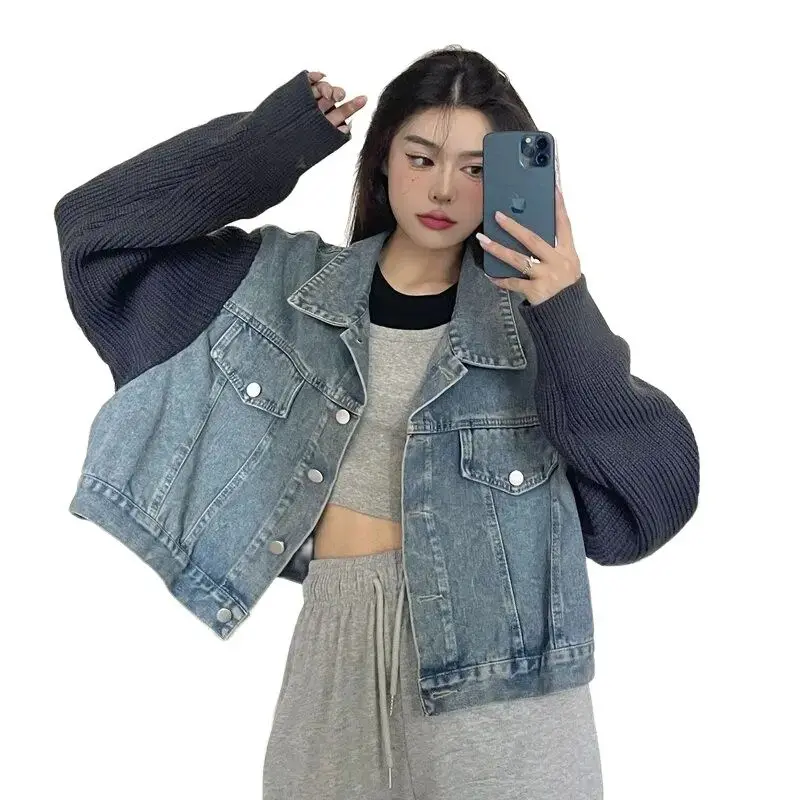 Jeans jacke gestrickt Spleißen Langarm Design Frauen 2024 Frühling und Herbst neuen Stil lose abnehmen vielseitige Jacke