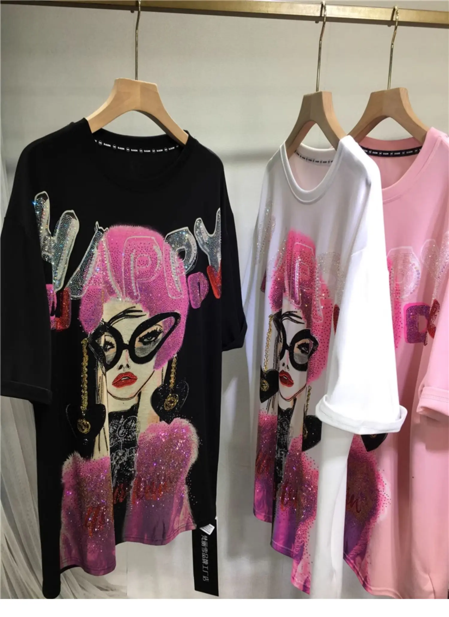 European Goods Hot Drilling T-shirt Female Fashion Cartoon Loose Mid-Length Short Sleeve Round Neck Top Summer Women Clothing