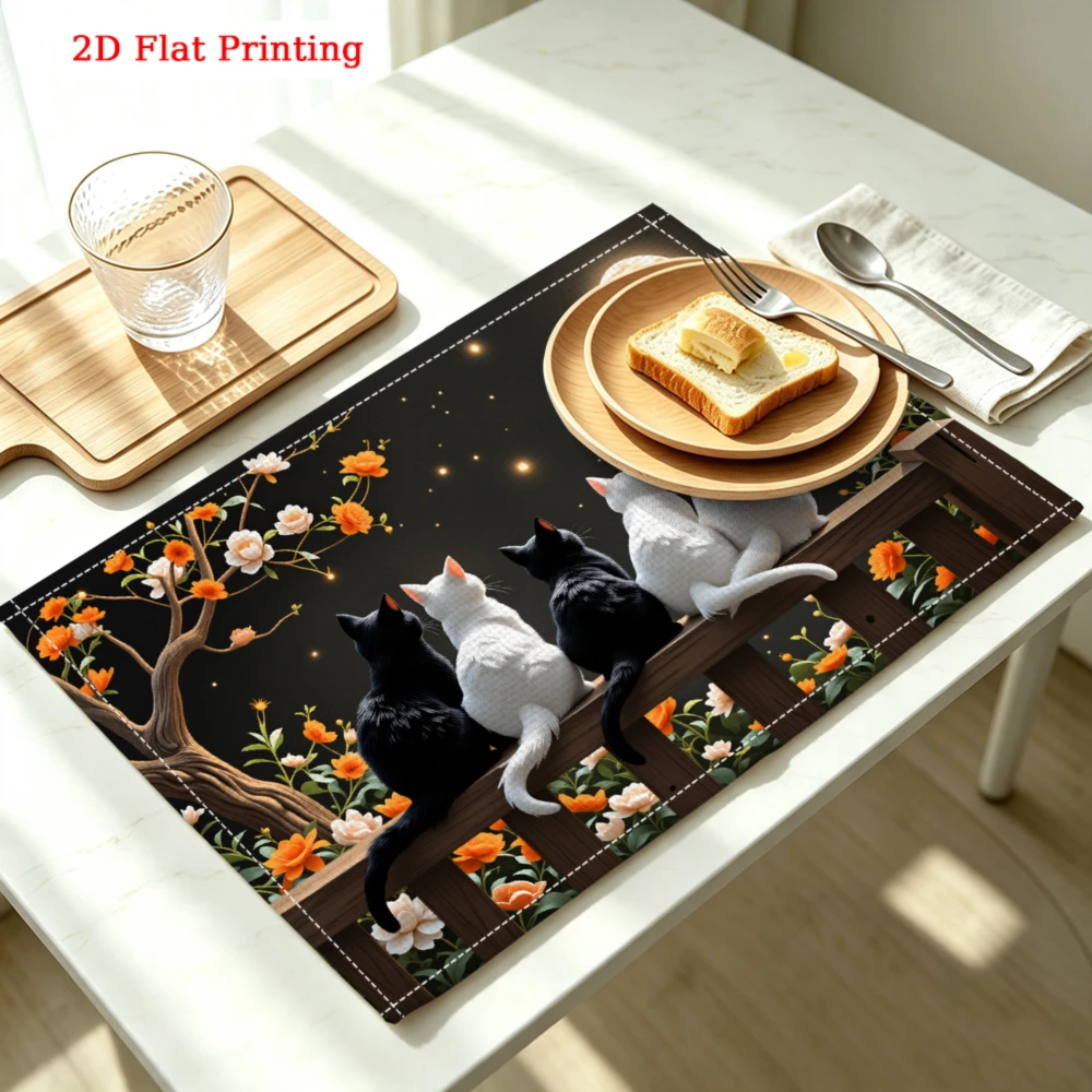 Cats Watching Moon Kitchen Placemat Cats Watching Moon Linen Pad Dish Coffee Cup Table Mat 1PC 30x40cm