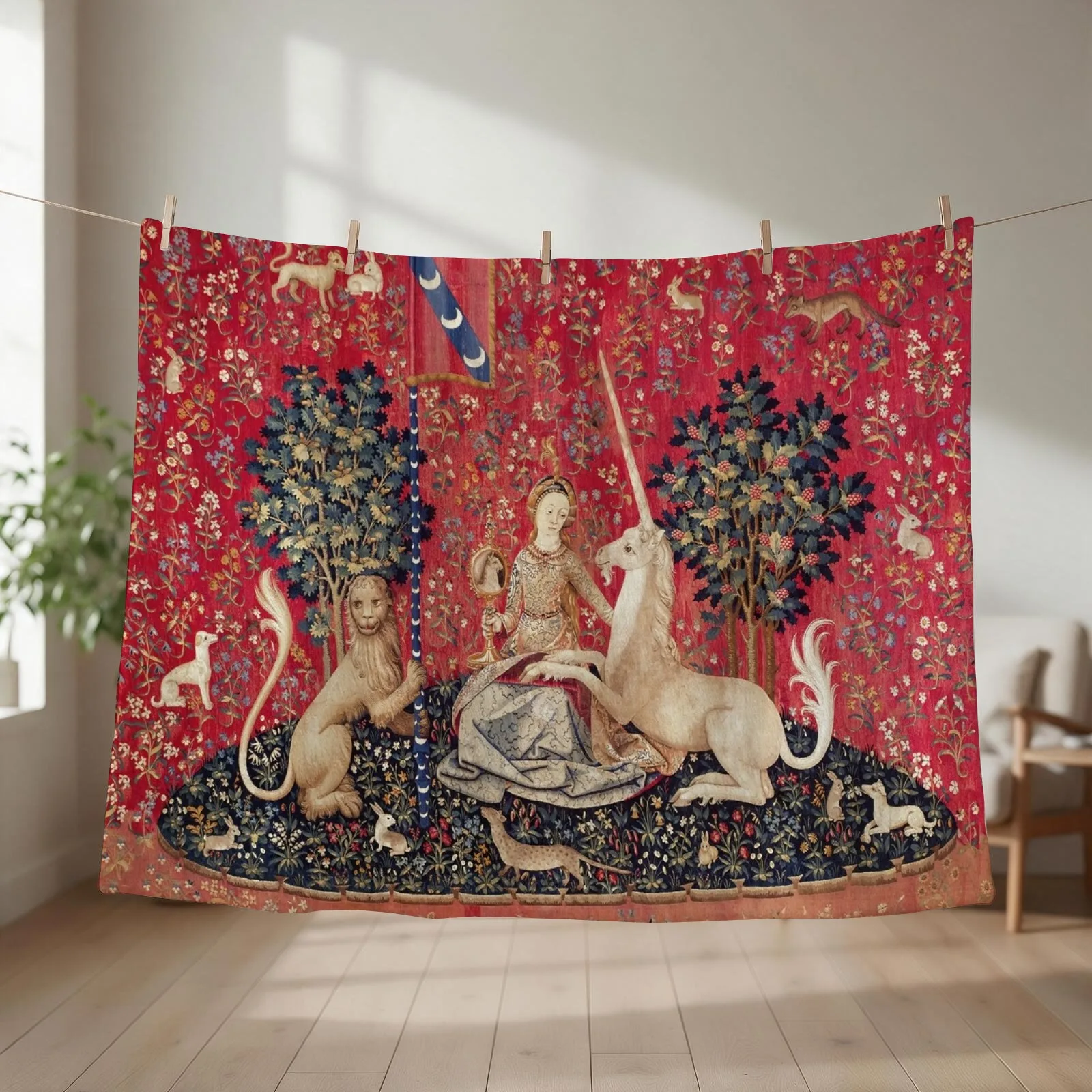 Lady and Unicorn Medieval Tapestry Five Senses - Sight Throw Blanket couch cozy soft plush fuzzy picnic outdoor blanket