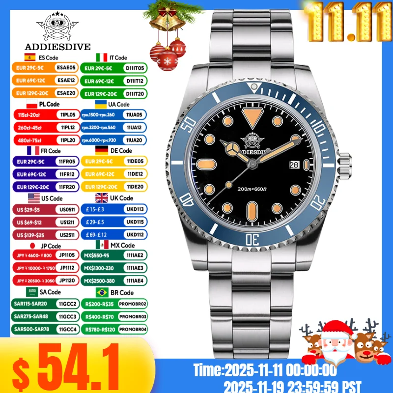 

ADDIESDIVE Hot Sale AD2501 Men Watch reloj hombre Date 20Bar Waterproof 316L Stainless Steel BGW9 Super Luminous Quartz Watches