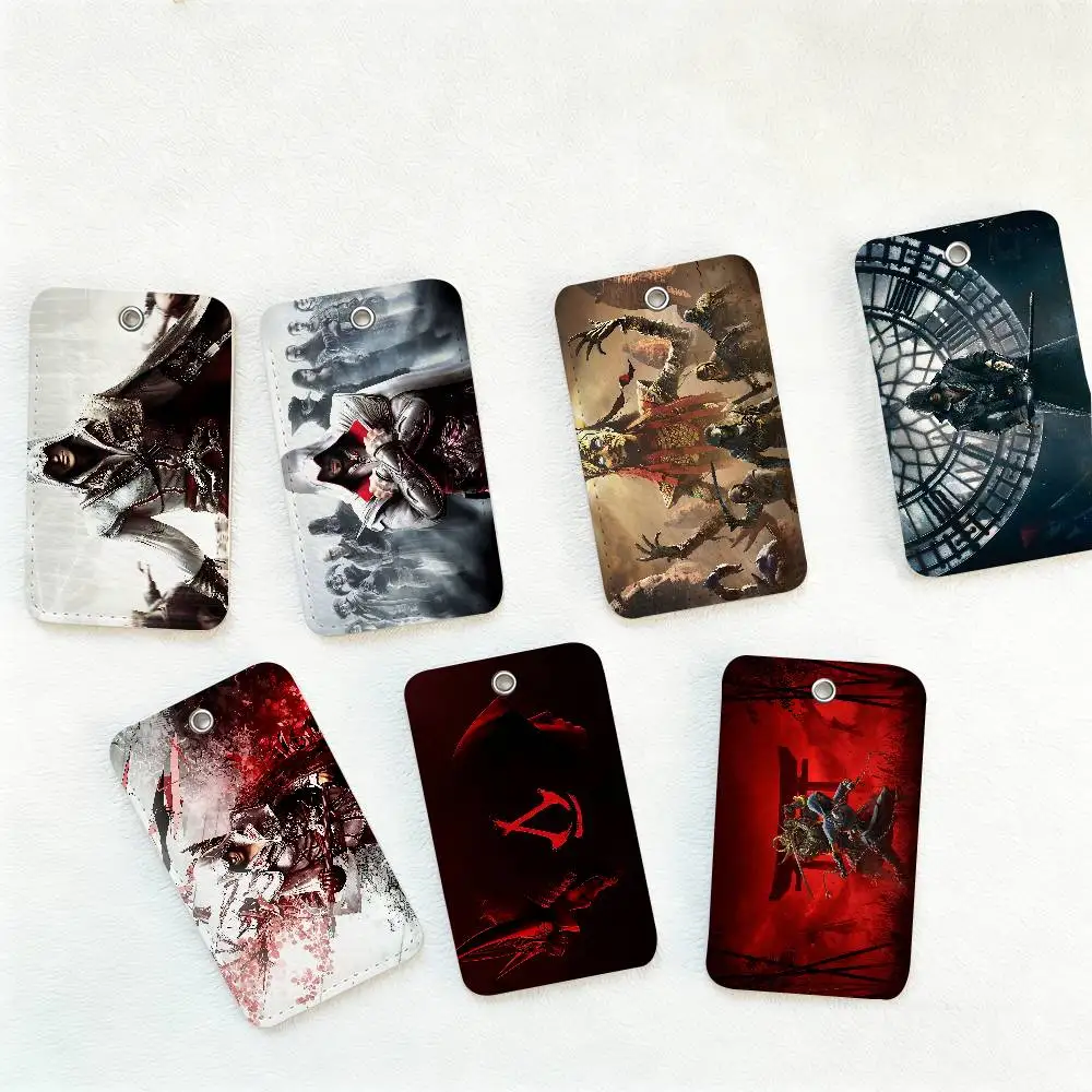 A-Assassin C-Creed Game Rectangle ID Card Case Keychain Access Card Bag Key Tag Ring Leather Card Holder Key Ring Access