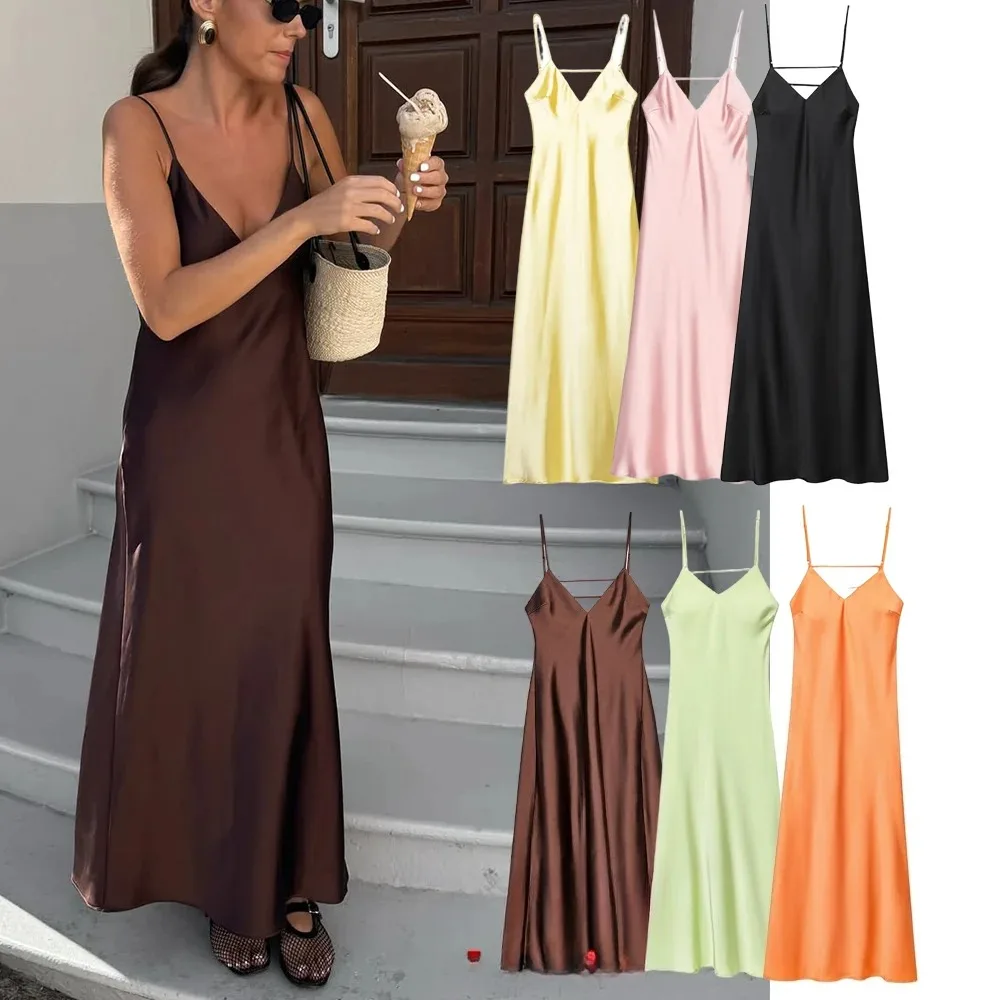 KONDALA Sexy schickes Satin-Damen-Partykleid mit V-Ausschnitt, rückenfrei, langes Abend-Clubkleid, modisch, 2025, elegantes Urlaubs-Strandkleid