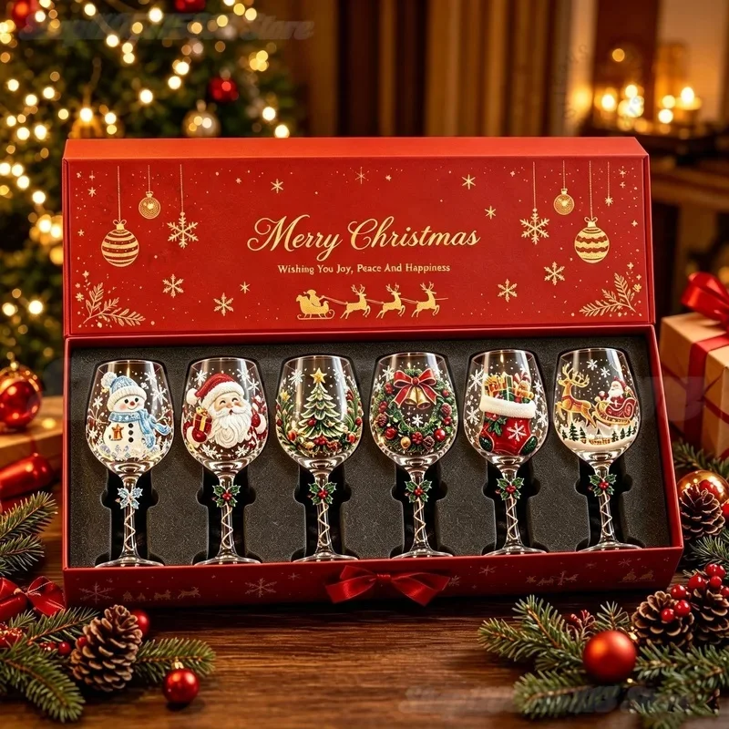 Novelty Christmas Wine Glasses Single & 6Pcs Gift Box Set,Christmas Stocking Tree Wreath Goblet for Christmas Party Decoration