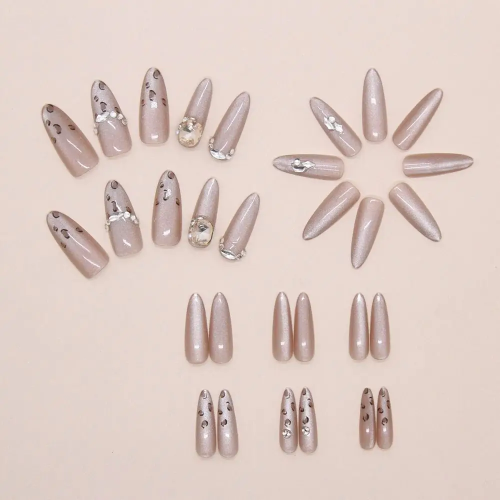 30pcs Long Almond Stiletto False Nails French Cat Eye Silver Wavy Fake Nails Purple Love Heart Detachable French Nail Tips DIY
