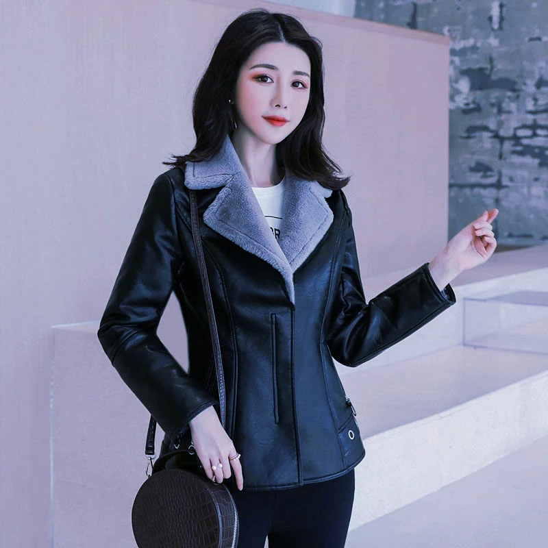 Winter Thicker Warmer Leather Jacket Women Fleece Lined Slim Short Blazer Double Face Fur Leather Coats Zipper PU Leather Jacket