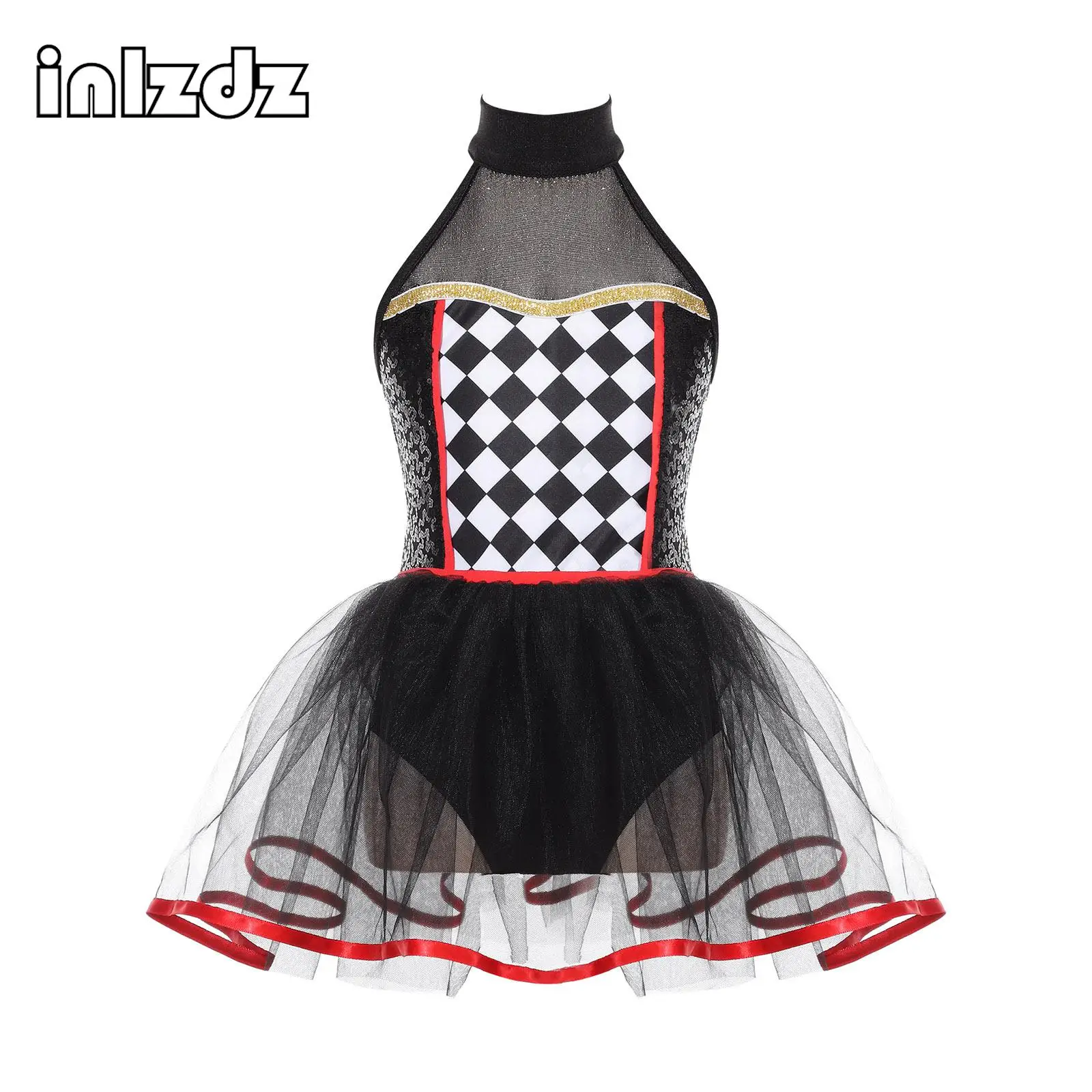 

Girls Clown Joker Costume Sequins Mesh Tutu Dance Leotard Dress Halloween Circus Ringmaster Carnival Party Dancewear