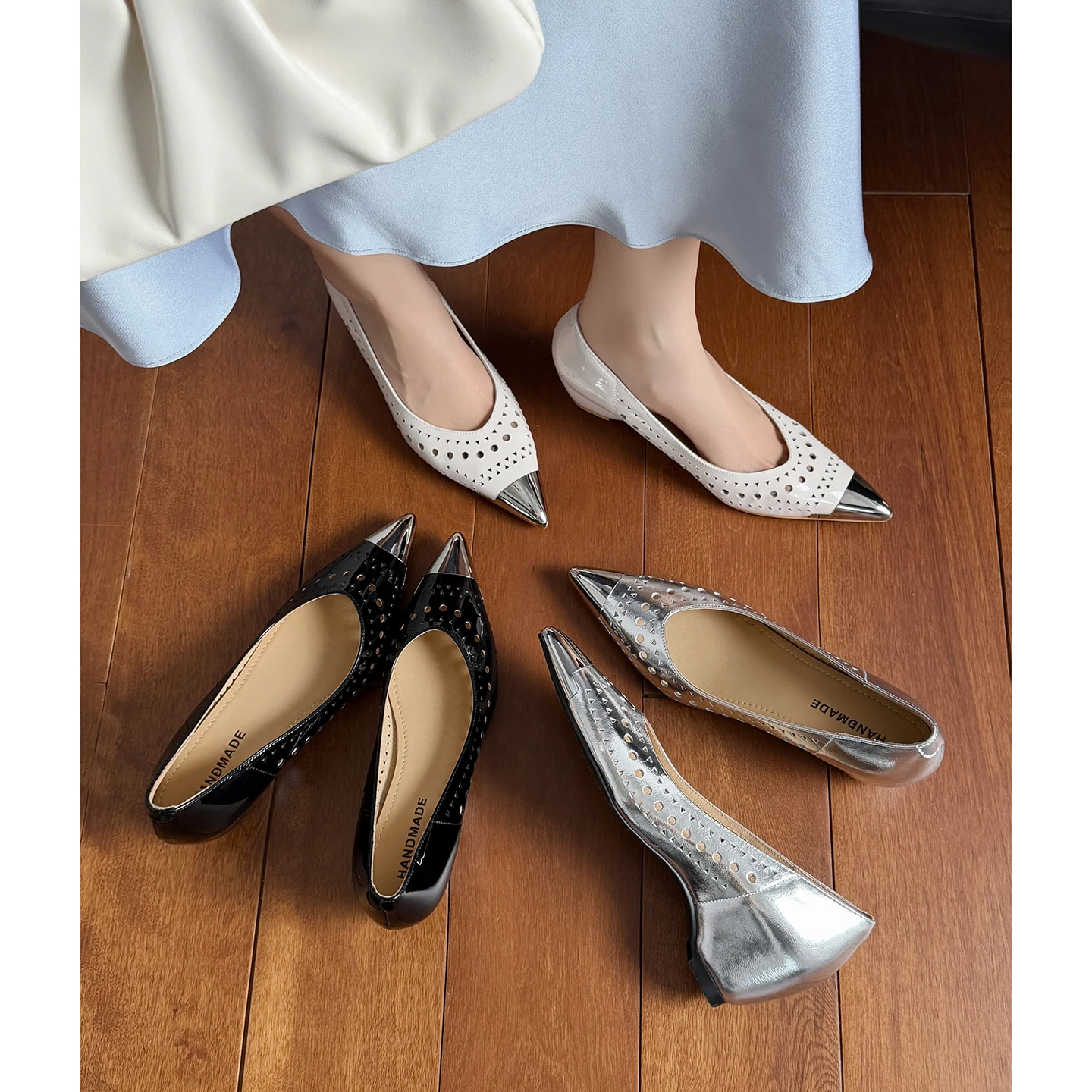 2026 new summer women sandals natural leather plus size 22-25.5cm sheep patent leather+sheepskin pointed toe hollow women shoes
