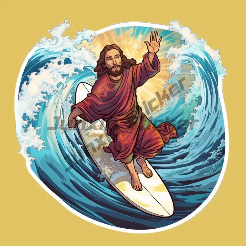 

Surfing Jesus Vinyl Sticker for Laptop Water Bottle Tumbler Vintage Surfboard Camping Workshop Tools Motorcycles Decoration