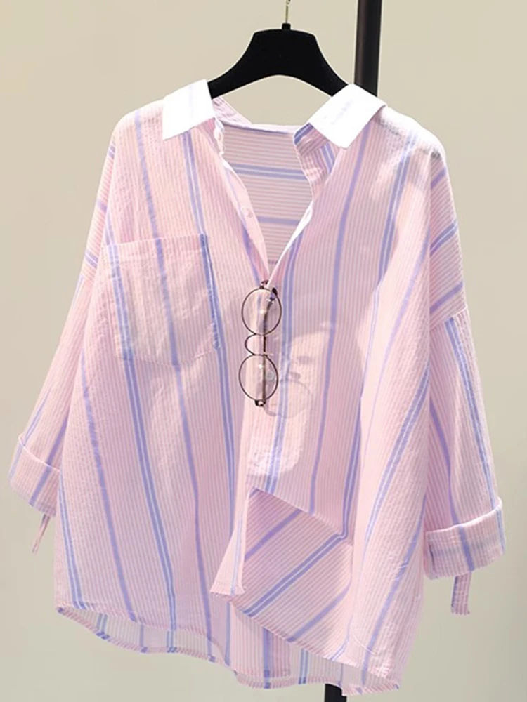 

Korean Sle Vertical Stripes Versatile Loose Long Sve Women's irt Comfortable Faionable Sun Protection Top