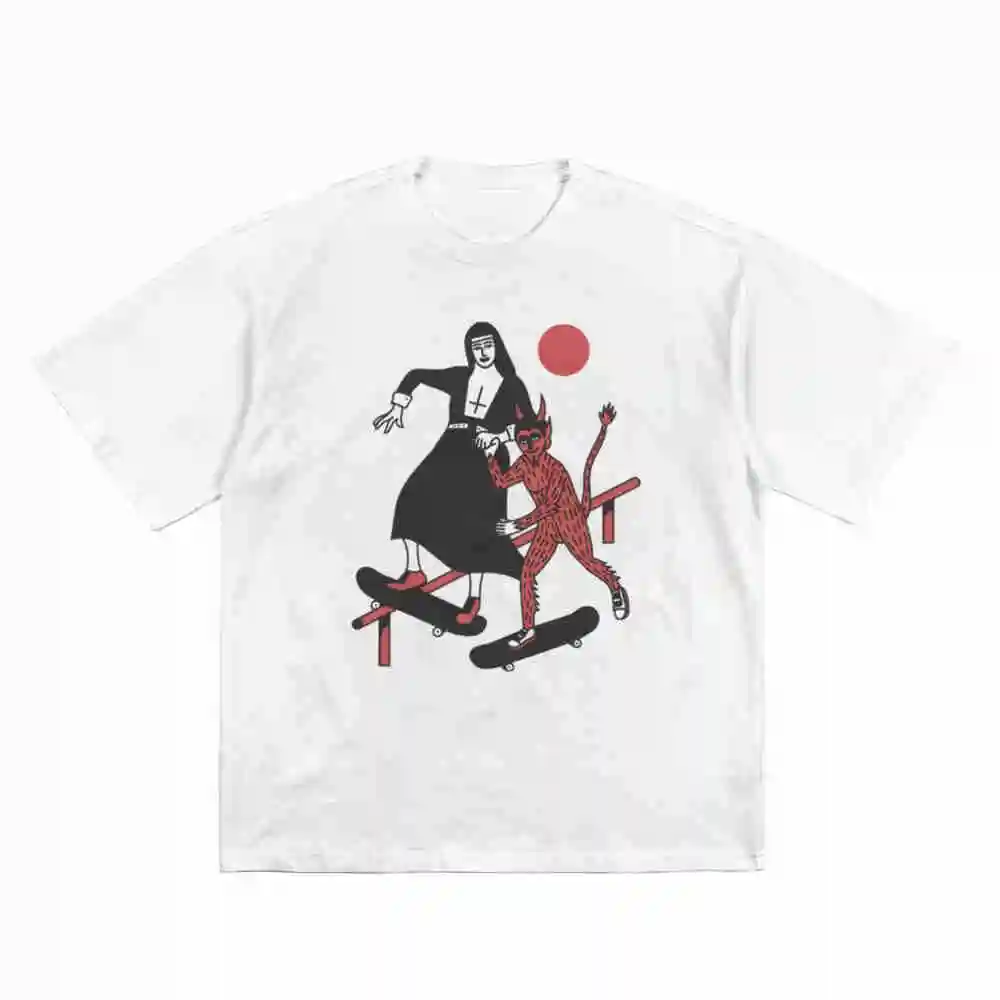 Vintage Punk Easter Funny Nun Devil Jesus Gothic Religious Humor Short Sleeve Tee 100% Cotton T-Shirt