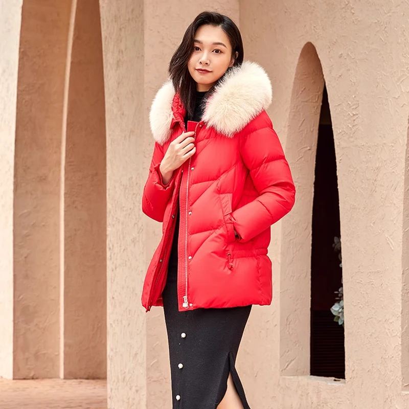 

Chericom Winter Women's Down Jacket with Faux Fur Hood Trim 90% Duck Down Filling Warm Windproof Casual Padded Coats Y279203Y