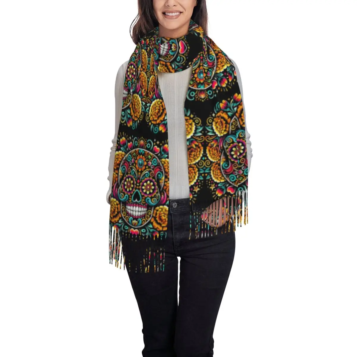 Colorful Sugar Skull Mexican Floral Art For Day Of The Dead Scarf Tassel Scarves Women Shawls and Wraps Long Shawl Wrap