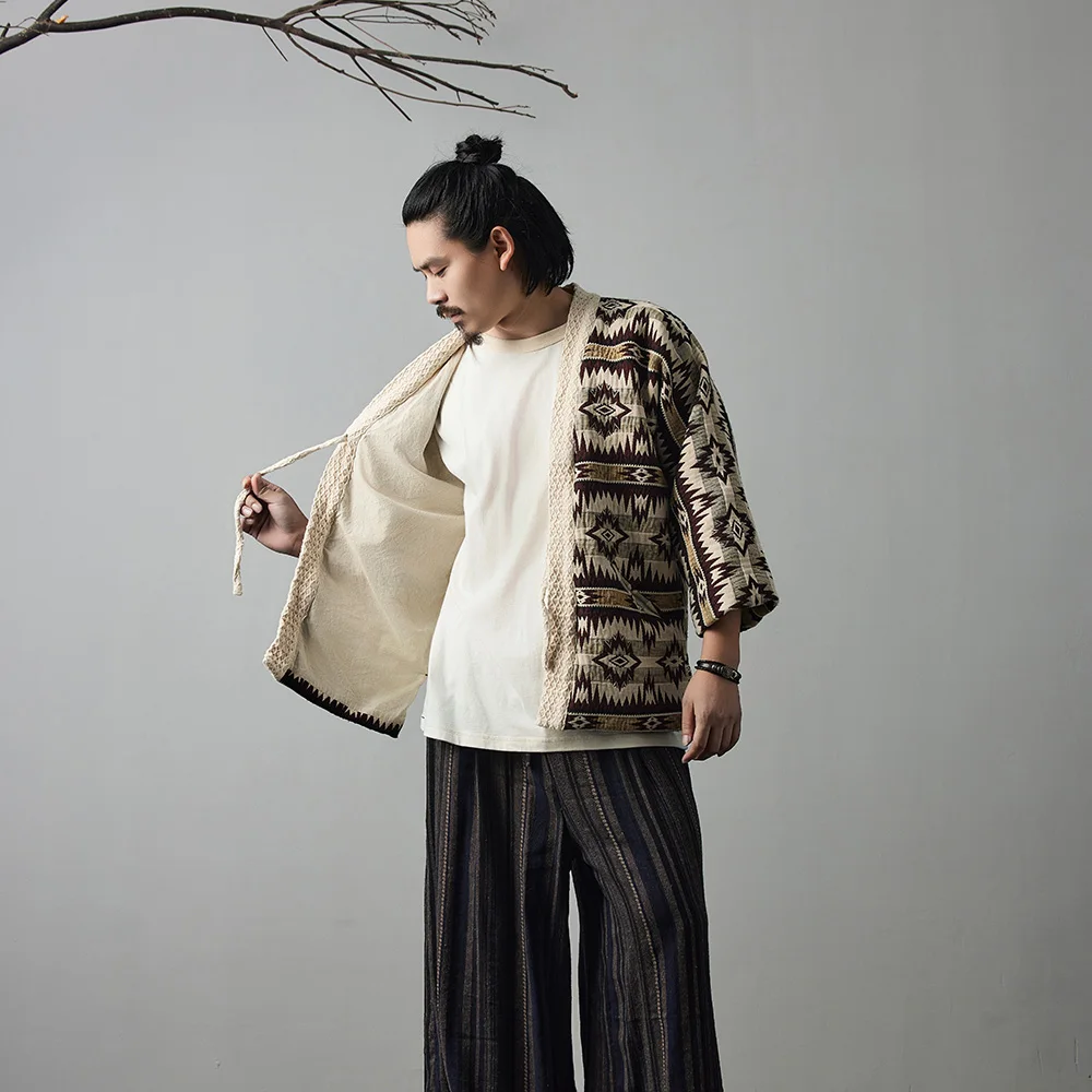 New Style Jacket Japanese Retro Robe Coat Indian Pattern Yarn-Dyed Loose Casual Versatile Shoulder Robe