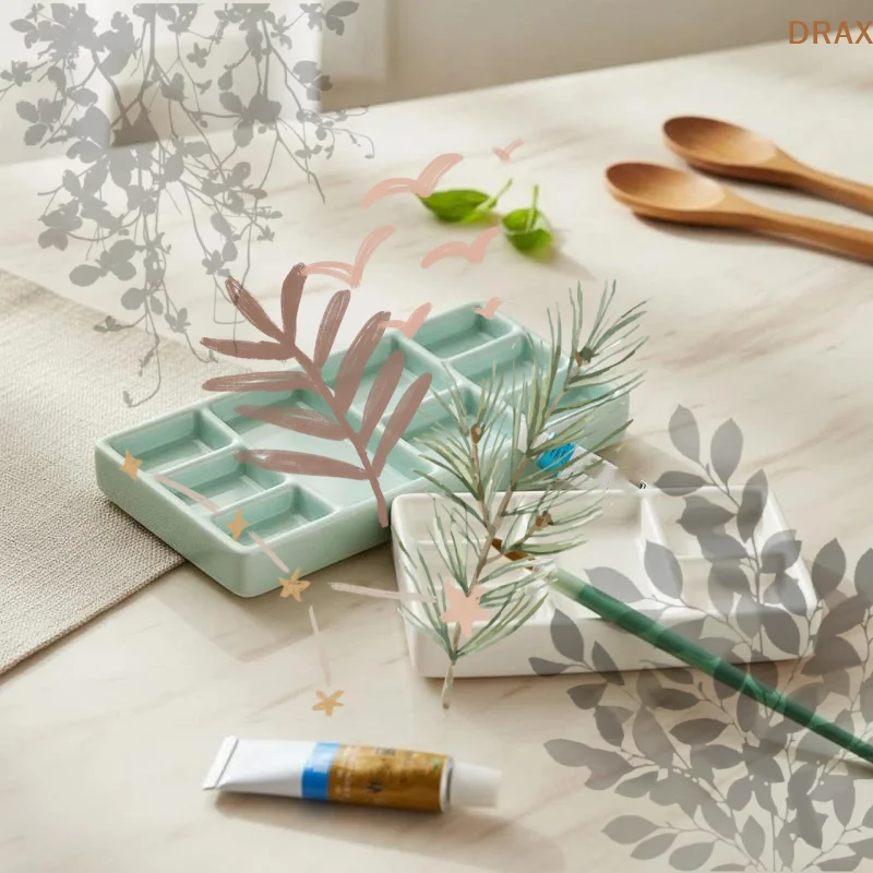 Ceramic Square Multi Grid: Palette Watercolor Oil Paint Tray Portable Adult Beginner Art Supplies Jingdezhen Firing