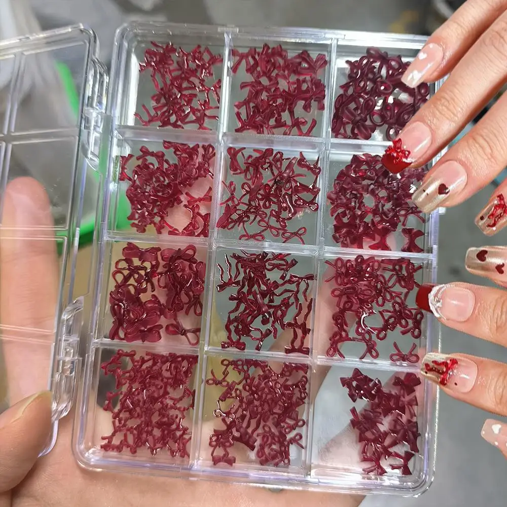 12グリッド3Dミニレッドボウリボンネイルチャームアイス透明ボウノットネイルアートデコレーションスイートボウタイバレンタインマニキュアパーツ