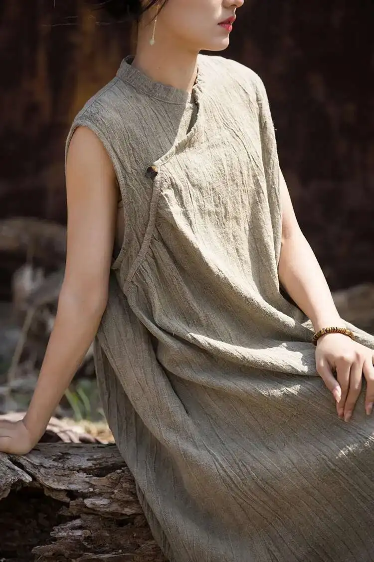 UMI MAO – Robe d'été fine, élégante, en lin et coton, faite à la main, teint par nouage, Style chinois, originale, sans manches, robes longues pour femmes