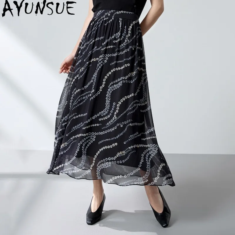 AYUNSUE 100% Silk Women's Skirts Georgette Printed Skirts for Women High Waist A-line Flowing Black Skirt Woman Clothes Юбка