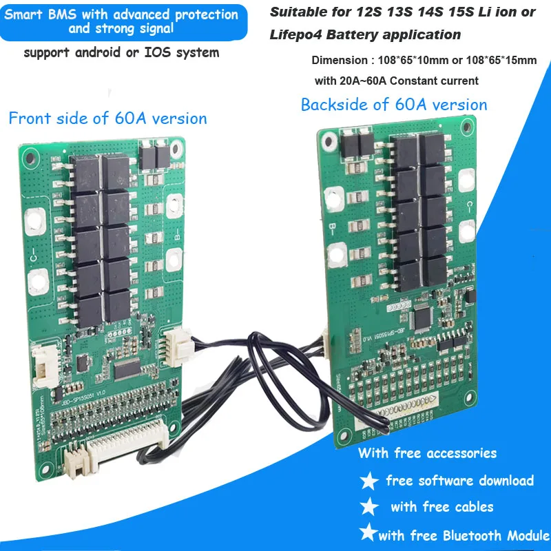 13S 48V  li ion Smart Bluetooth BMS with 20 to 60A constant current 54.6V Software PCB board for e-bike battery or Power Battery