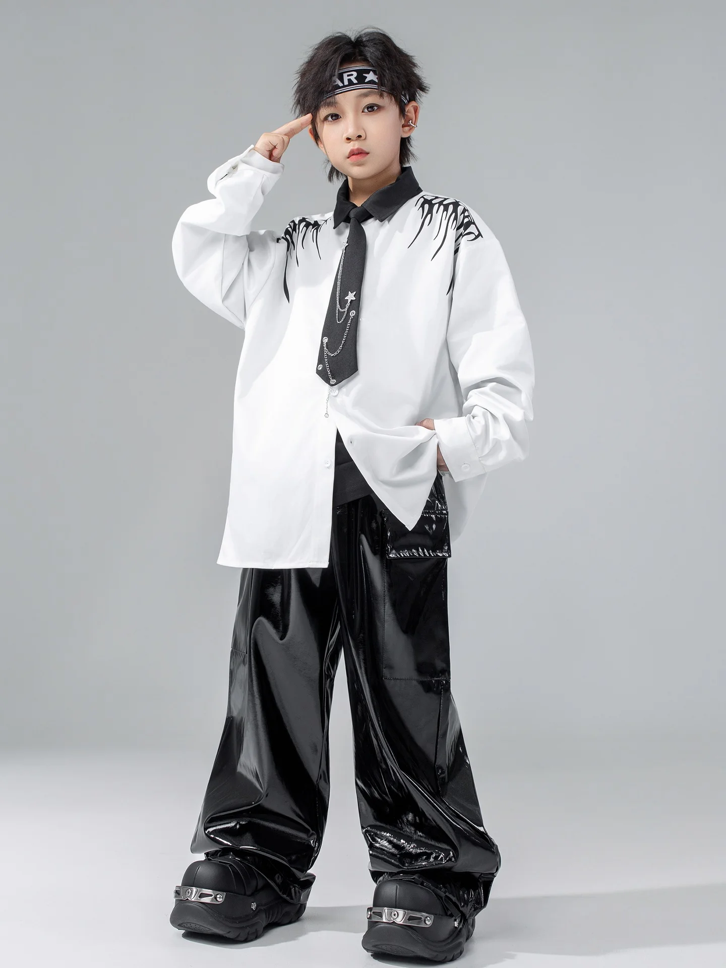 الأولاد الهيب هوب الملابس الشارع الرقص موضة قميص أبيض أسود بنطال جلدي طويل الأكمام الفتيات الاطفال أداء الجاز البدلة BL17769