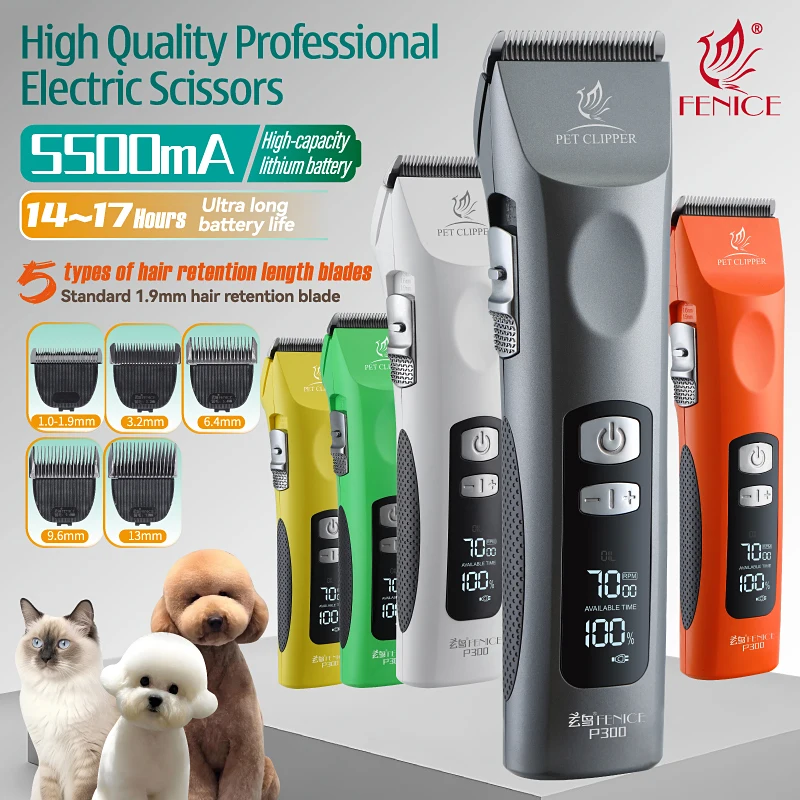 

Fenice White/Grey 5500mA Capacity Rechargeable Cordless LCD Pet Dog Grooming Electric Clipper with 14-17 Hours of Standby Time