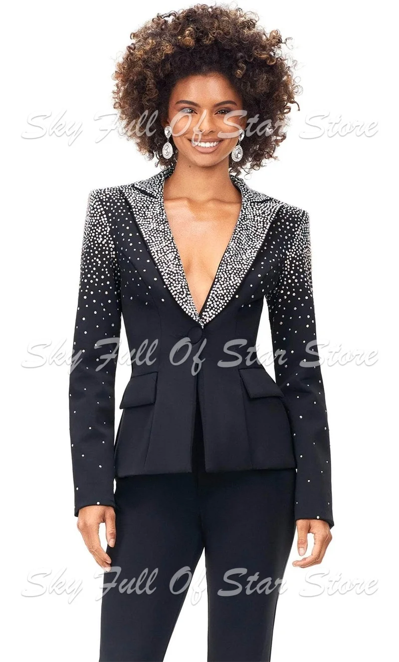 Black Gradient Rhinestone Lapel Women Suit Set 2Pcs Slim Blazer+Flare Pants Luxury Formal Evening Wedding Bride Office Lady Coat