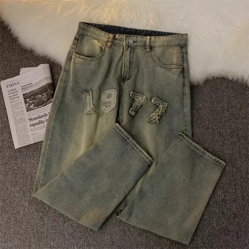 

Мужские джинсы American Sle в стиле ретро с вышивкой, осенне-зимние, новые, прямые, свободные, повседневные, длинные брюки