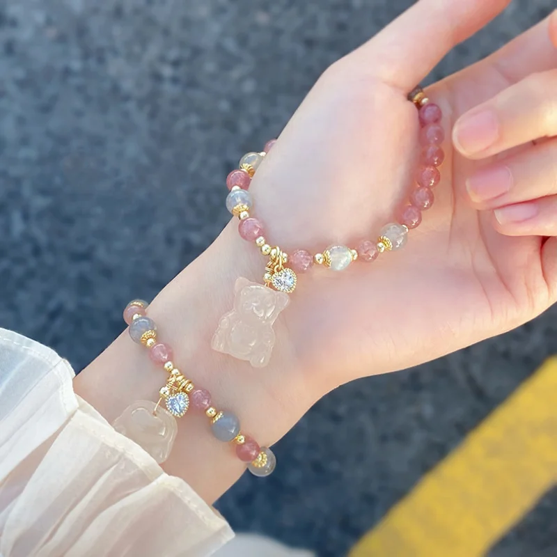 Super Fairy Natural Strawberry Quartz Three-Dimensional Bear Gray Moonlight Cute Hand-Shaped Brush Sweet Fresh Bracelet