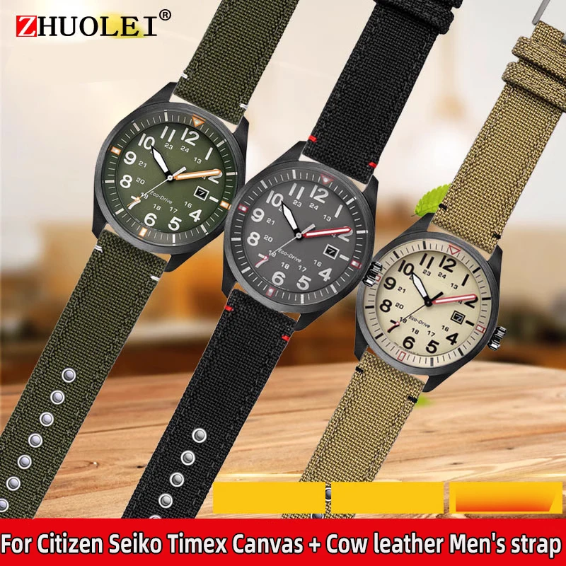 For Citizen AW5005 Seiko Timex Army Green khaki Hamilton nylon watch strap Canvas + Cow leather men\'s watchband 20mm bracelet