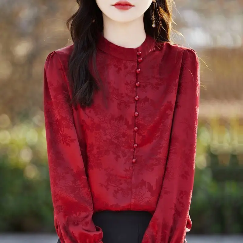

Chinese Style Shirt for Women 2025 Spring New Stand Collar Retro Long-sleeved Top Cardigan