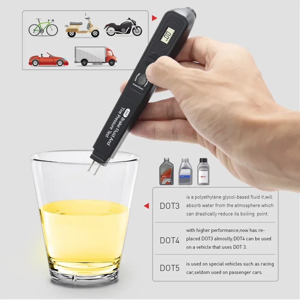 Newest Brake fluid oil TPMS tester pen 2 in 1 Car Liquid Testing For DOT3/DOT4 and Digital Tire Pressure Gauge With 5 LED light