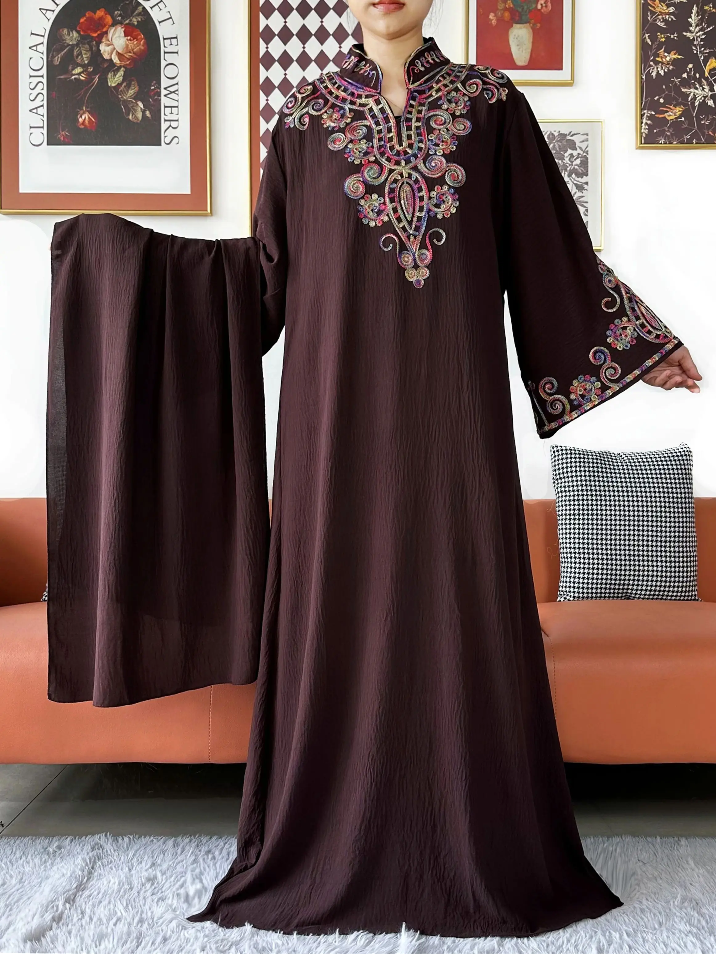 Latest Women Abaya Long Sleeve Embroidered Solid Cotton Women Loose Abaya Boho Maxi Dress Casual Fashion Dress African Vestidos