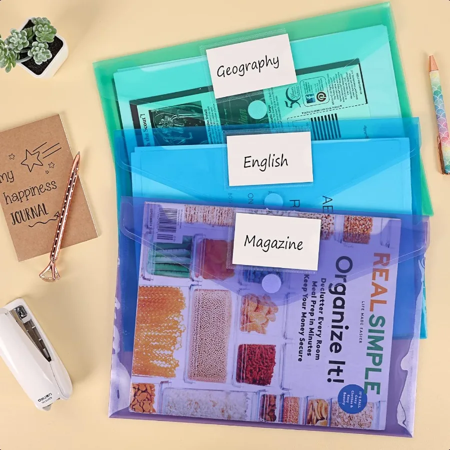 45개 플라스틱 폴리 봉투, 투명 문서 파일 폴더, 후크앤루프 잠금, A4 사이즈, 라벨 포켓 포함 (학교용)