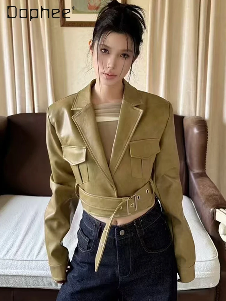 

Vintage Spice Girl Slim Lace-Up Suit Collar PU Leather Coat Short Jackets for Women Autumn New Street Sweet Cool Y2K Jacket