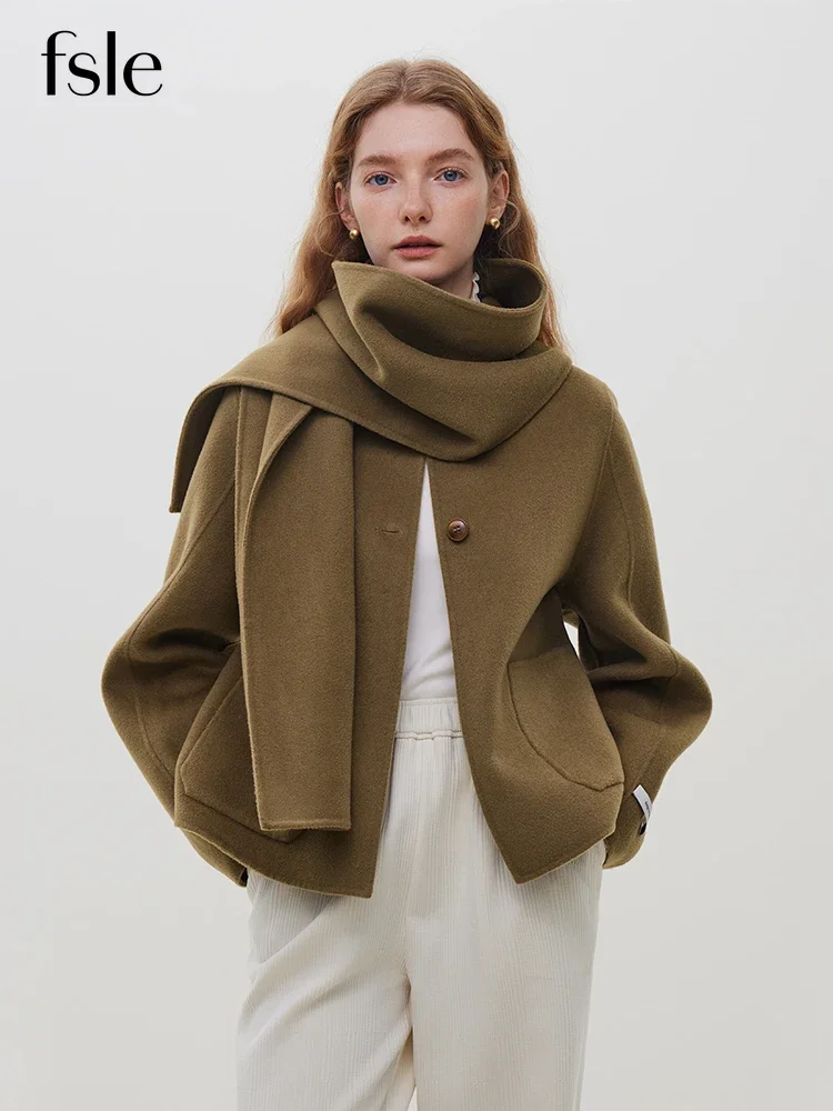 FSLE 100% lana colore cammello sciarpa corta colletto cappotto per le donne 89.3% lana 10.7% Lyocell Beige girocollo corto cappotti di lana femminile