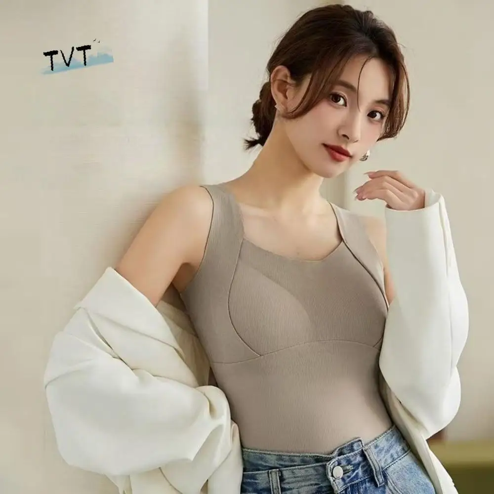 Fashion Bottoming Shirt Women Warm Vest Soft Solid Color Chest Pad Vest Undershirt Comfortable Wool Blend Vest Underwear