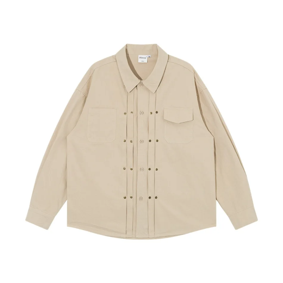 

Autumn Men Japanese Streetwear Retro Fashion Pleated Casual Loose Long Sleeve Pure Cotton Cargo Shirts Cityboy Blouses