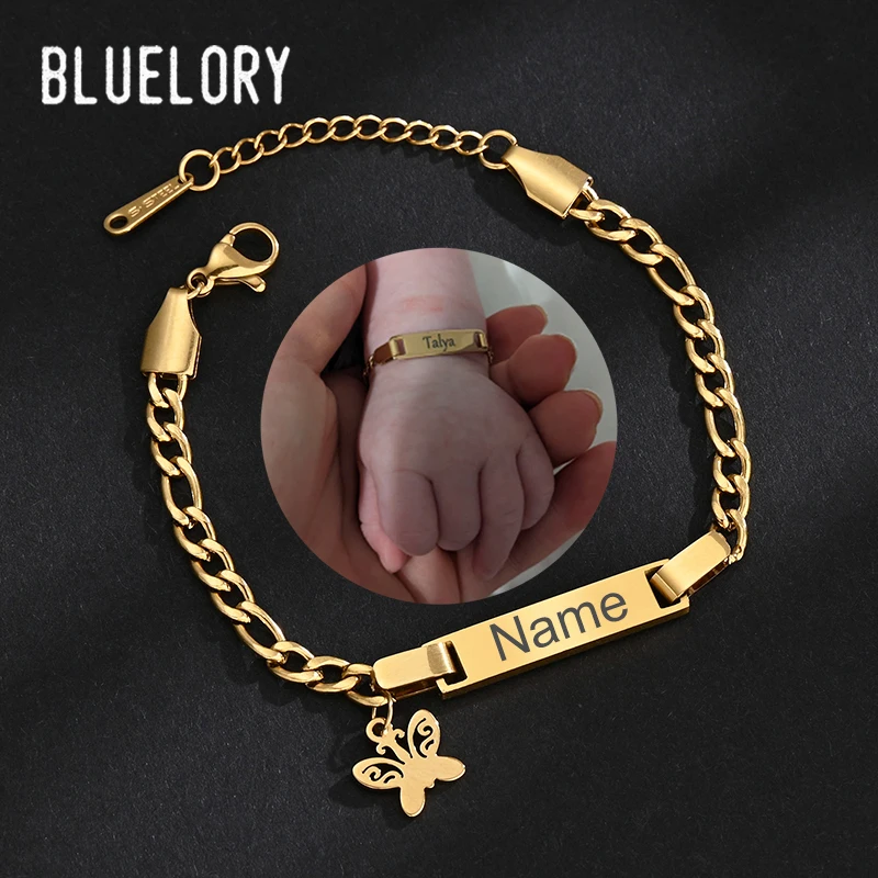 Bluelory-pulsera de acero inoxidable para niños, brazalete personalizado con nombre de recién nacido, barra de identificación, grabado, símbolo de