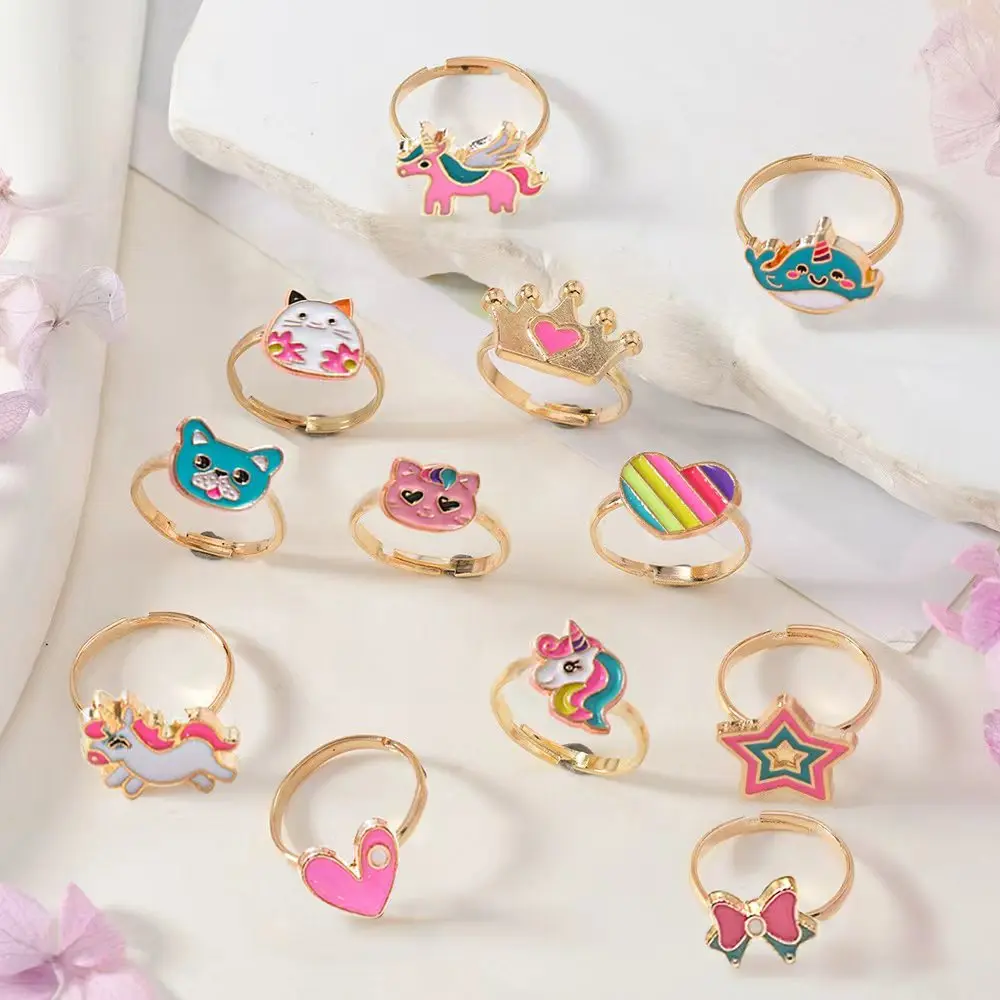 12 Adjustable Open Rings with Colorful Enamel Designs of Unicorns, Cats, Bows, Crowns, Rainbows, Hearts, Stars, and Whales, Kc Gold-Plated Bracelets, Children's Decorative Jewelry, Birthday Party Gift Set