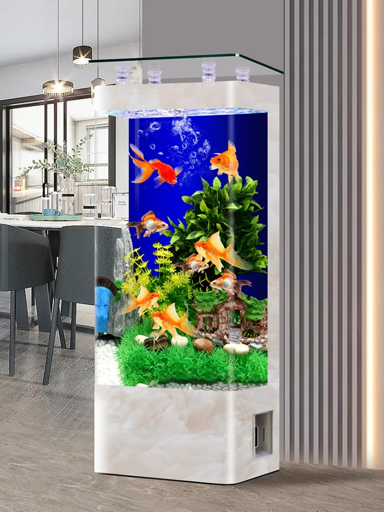 MJY fish tank, floor-to-ceiling curved aquarium back filter next to the TV cabinet in the living room