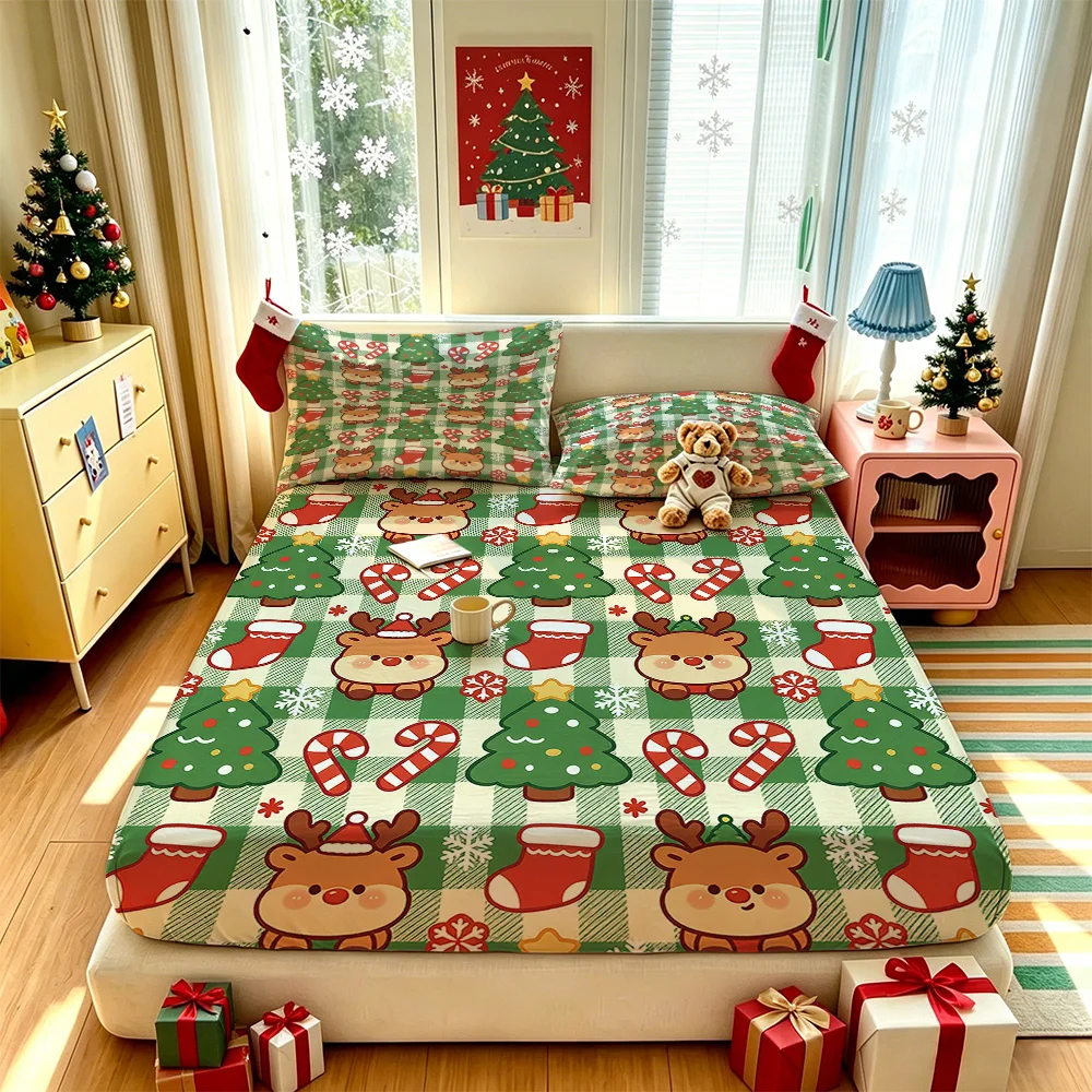3PCS Buffalo Plaid Reindeer Snowflake Christmas Tree Bedding Set 1 Bedspread 2 Pillowcases No Insert Soft Washable Holiday Be