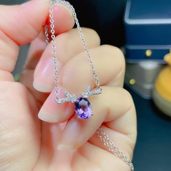 

Cute Silver Deer Head Pendant for Young Girl 6mm*8mm Natural Amethyst Pendant Solid 925 Silver Amethyst Necklace Pendant