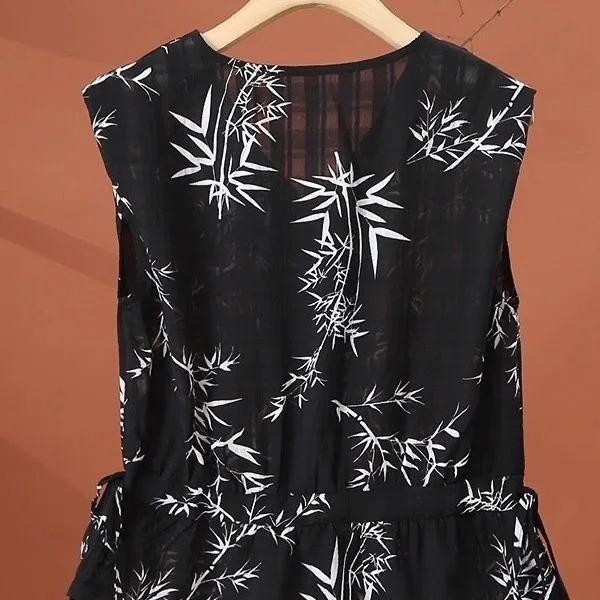 Floral Print Sleeveless Chiffon Shirt Women's Summer Fashion Short Style Top Waist-Cinching Design V-Neck Polyester Fiber